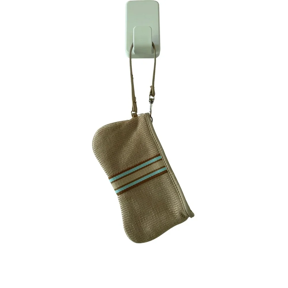 The Sak Crochet Wristlet Tan Striped Zip Pouch Bag Turquoise‎ Brown PO 6305-CX